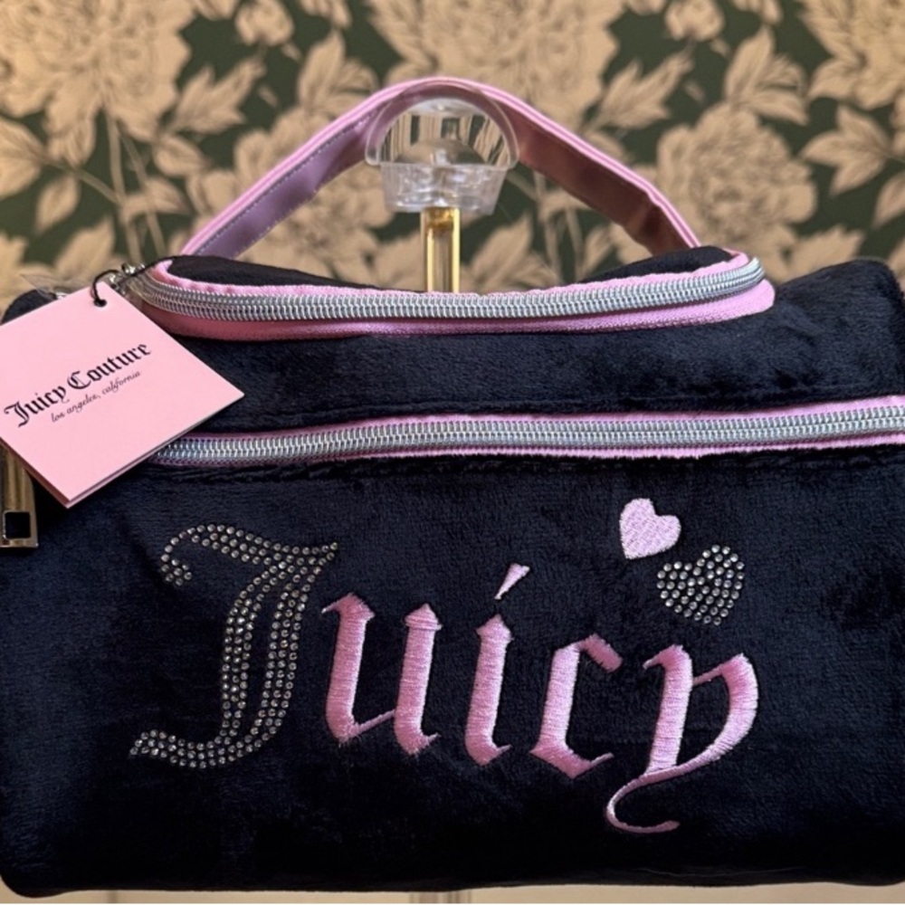 Juicy Couture Black and Pink Plush Cosmetic Bag with Rhinestone Logo
